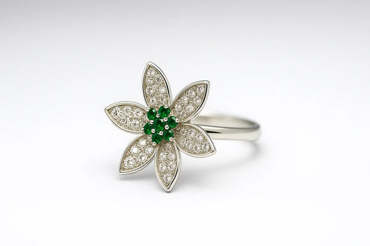 Silver Floral Ring with Green & White CZ – Elegant Designer Flower Ring