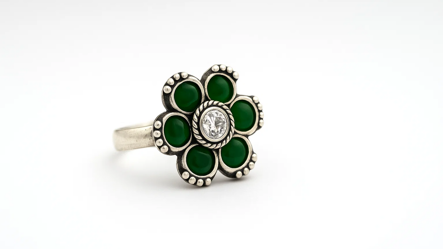 925 Sterling Silver Floral Ring with Green Stones