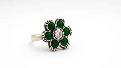 925 Sterling Silver Floral Ring with Green Stones