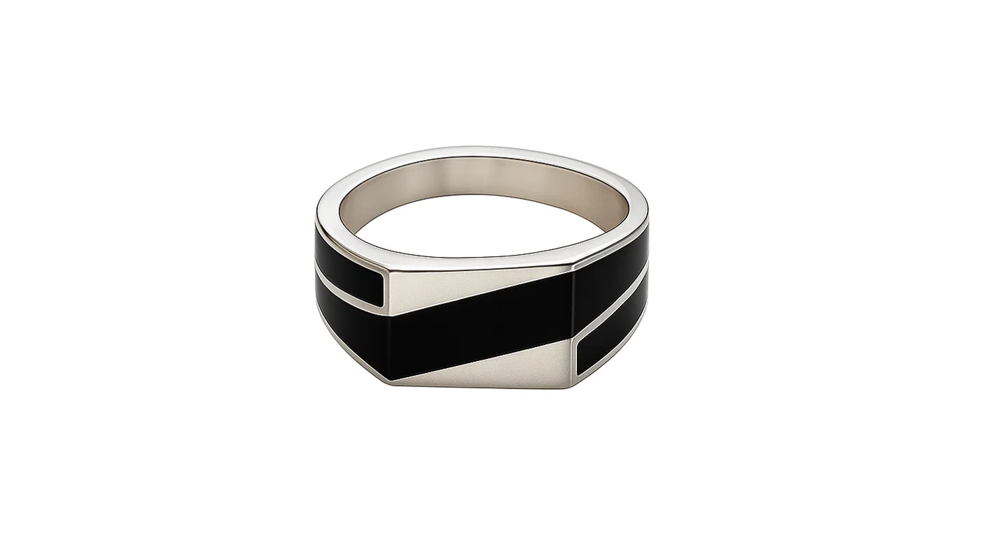 925 Sterling Silver Men’s Ring with Black Enamel Stripe Design