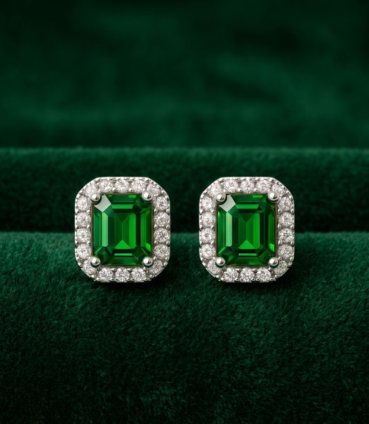 925 Sterling Silver Emerald Green Stud Earrings – Classic Halo Design